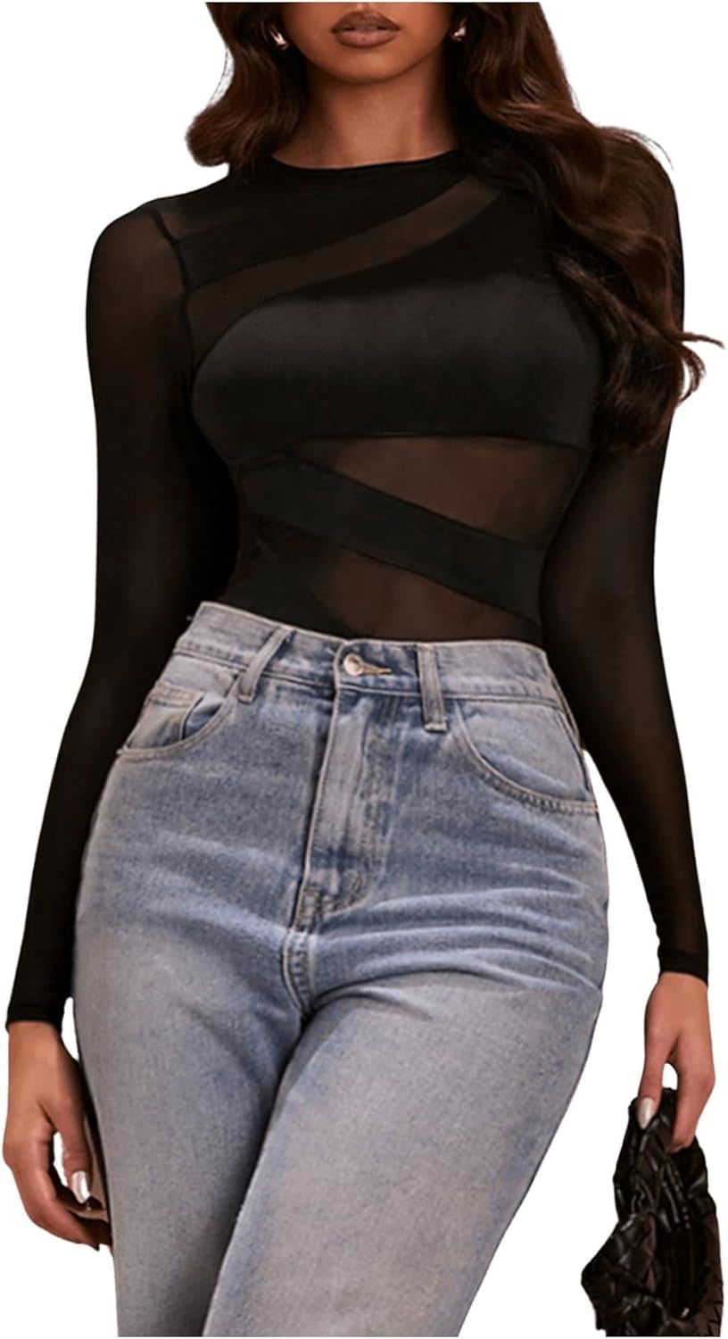 Eleganckie body damskie GORGLITTER z przezroczystą górą z siateczki, d