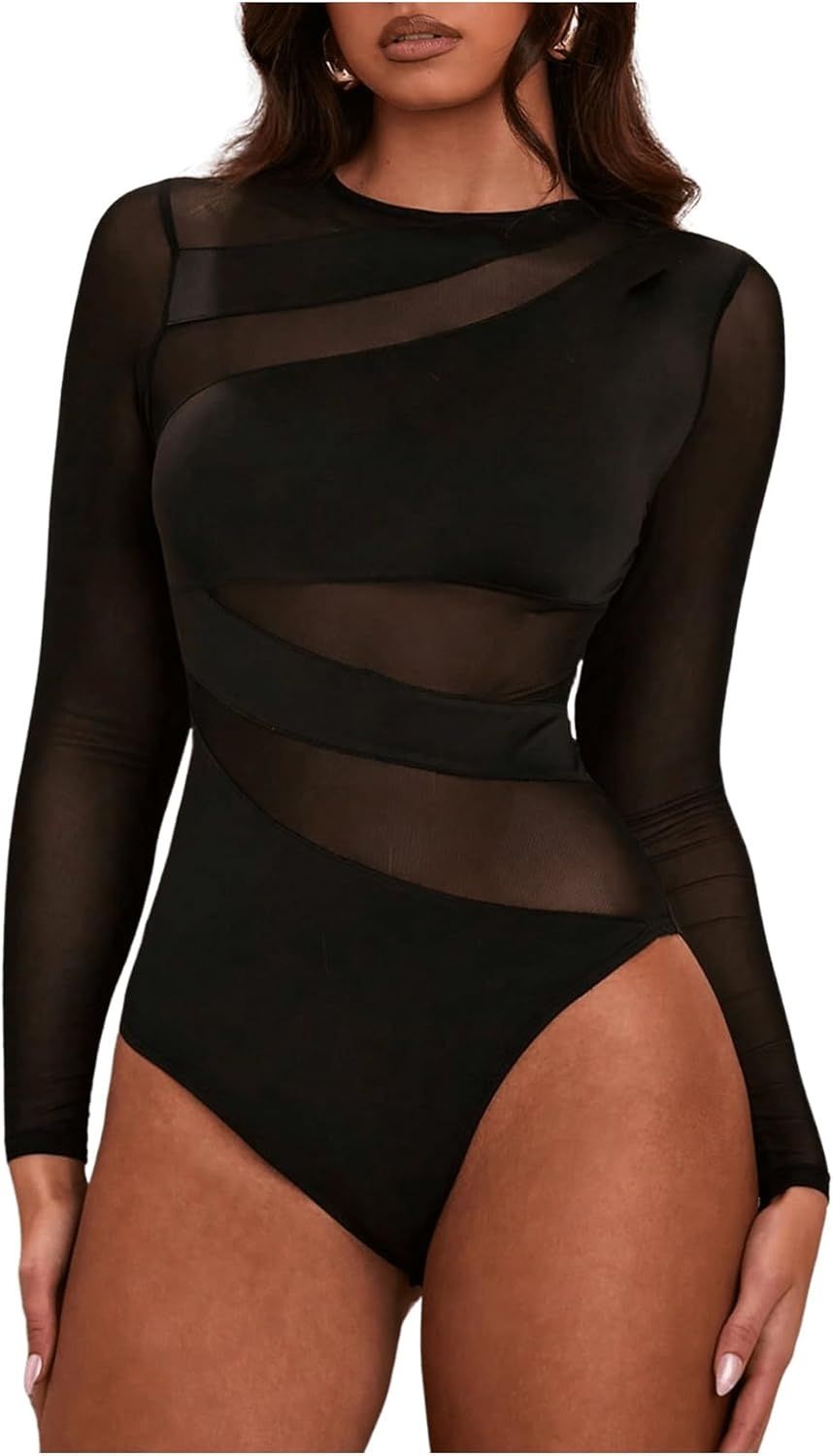 Eleganckie body damskie GORGLITTER z przezroczystą górą z siateczki, d