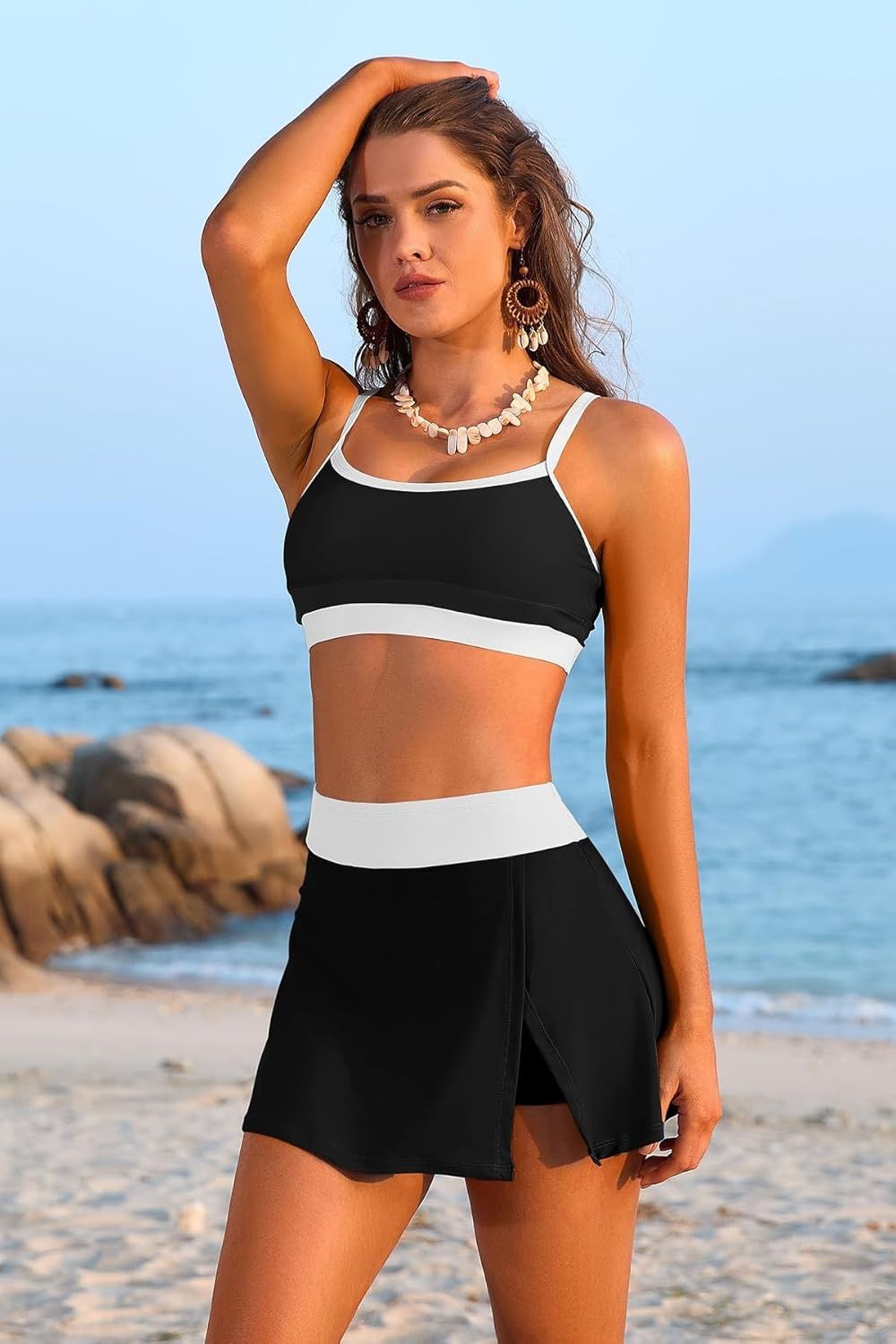 SHEKINI damski bikini sportowy z wysokim stanem, dwuczęściowy, z spódniczką