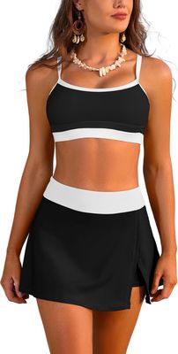 SHEKINI damski bikini sportowy z wysokim stanem, dwuczęściowy, z spódniczką
