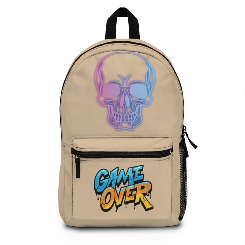 Gaming Backpack, Game Over Skull on Beige Pack, For school or fun. Bag color options available separately listed. FREE Shipping.