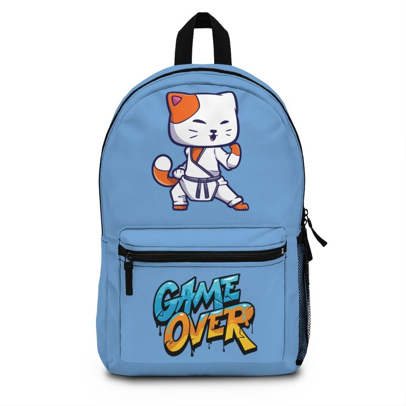 Gaming Backpack, Game Over Karate Cat on Blue Pack, For school or fun. Bag color options available separately listed. FREE Shipping.