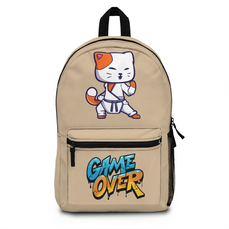 Gaming Backpack, Game Over Karate Cat on Beige Pack, For school or fun. Bag color options available separately listed. FREE Shipping.