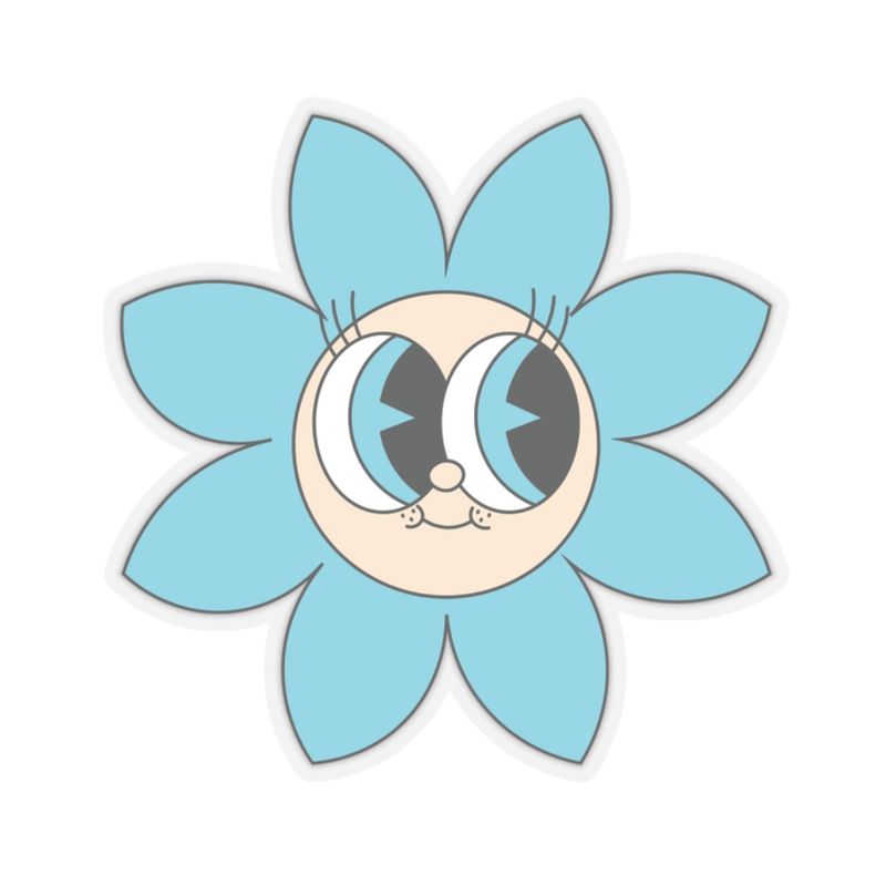 Smile Flower Kiss-Cut Stickers, Many Sizes Available, Multiple Colors Available listed individually: Blue, Pink, Yellow. Big Eyes, Sunshine