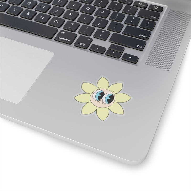 Smile Flower Kiss-Cut Stickers, Many Sizes Available, Multiple Colors Available listed individually: Blue, Pink, Yellow. Big Eyes, Sunshine