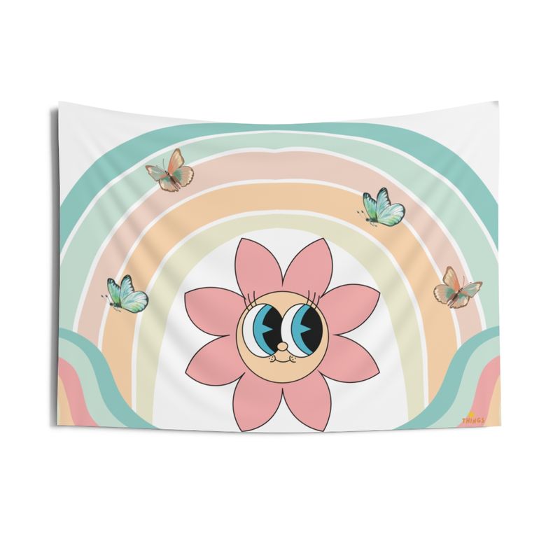 Colorful and Cute Rainbow Indoor Wall Tapestries Two Sizes, Butterfly, Butterflies, Sun, Sunshine, Star, Stars, Pastel, Pastels, Anime Style