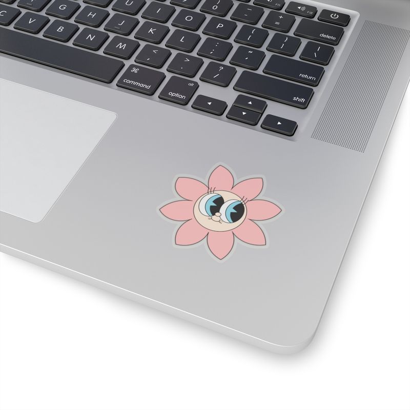 Smile Flower Kiss-Cut Stickers, Many Sizes Available, Multiple Colors Available listed individually: Blue, Pink, Yellow. Big Eyes, Sunshine