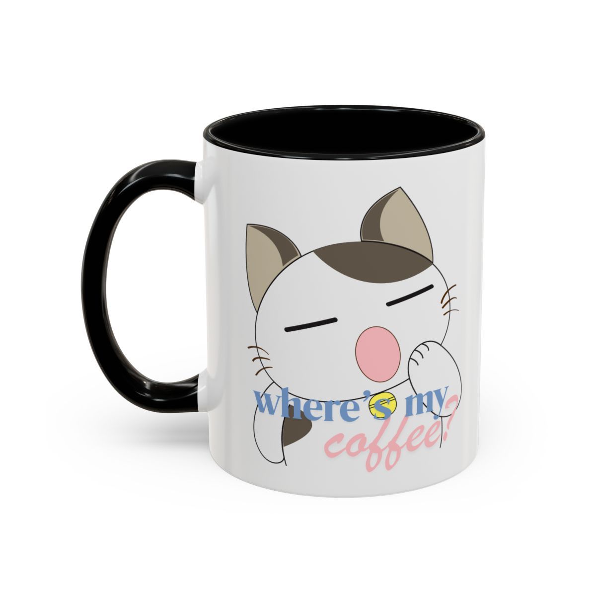 Sleepy Kitten Coffee Mug with Accent(11, 15oz) - Anime, Multiple color accents: Pink, Light Blue, Navy, Red and Black. Where&#39;s my coffee?