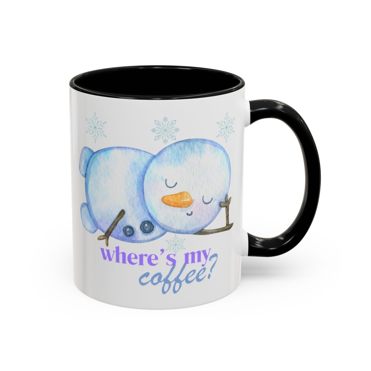 Tired Snowman Coffee Mug with Accent(11, 15oz) - Multiple color accents: Pink, Light Blue, Navy, Red and Black. Where&#39;s my coffee?