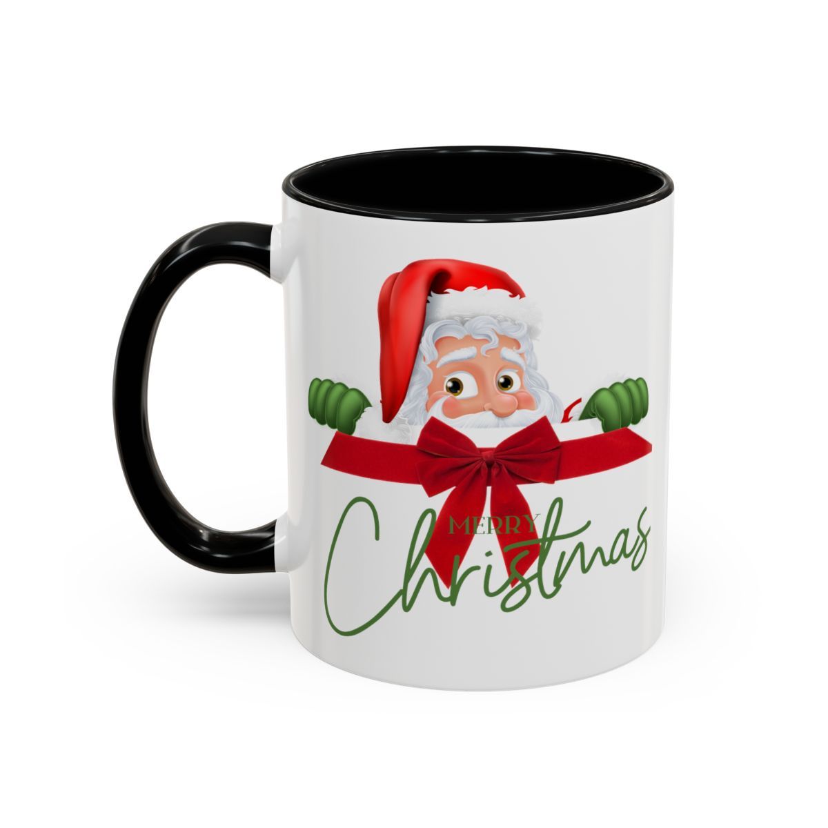 Santa Coffee Mug with Accent(11, 15oz) - Multiple color accents: Pink, Light Blue, Navy, Red and Black . Merry Christmas and Quirky Santa