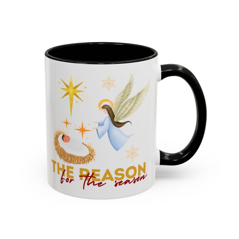 Baby Jesus Coffee Mug with Accent(11, 15oz) - Multiple color accents: Pink, Light Blue, Navy, Red and Black . Reason for the season mug