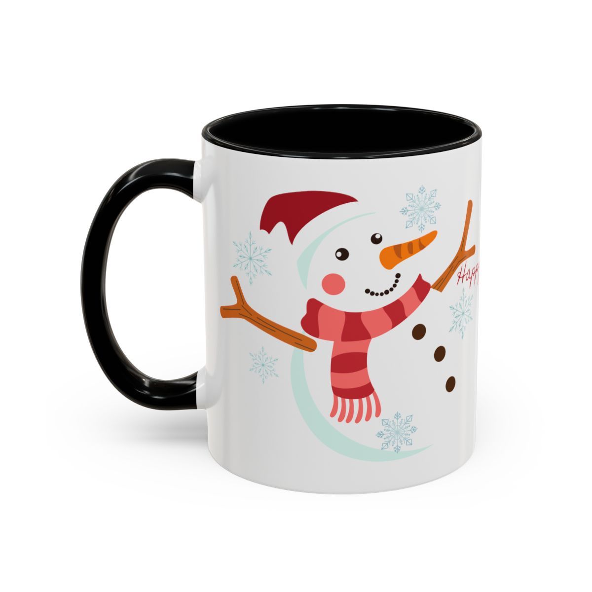 Snowman Coffee Mug with Accent(11, 15oz) - Multiple color accents: Pink, Light Blue, Navy, Red and Black . Happy Holidays Message