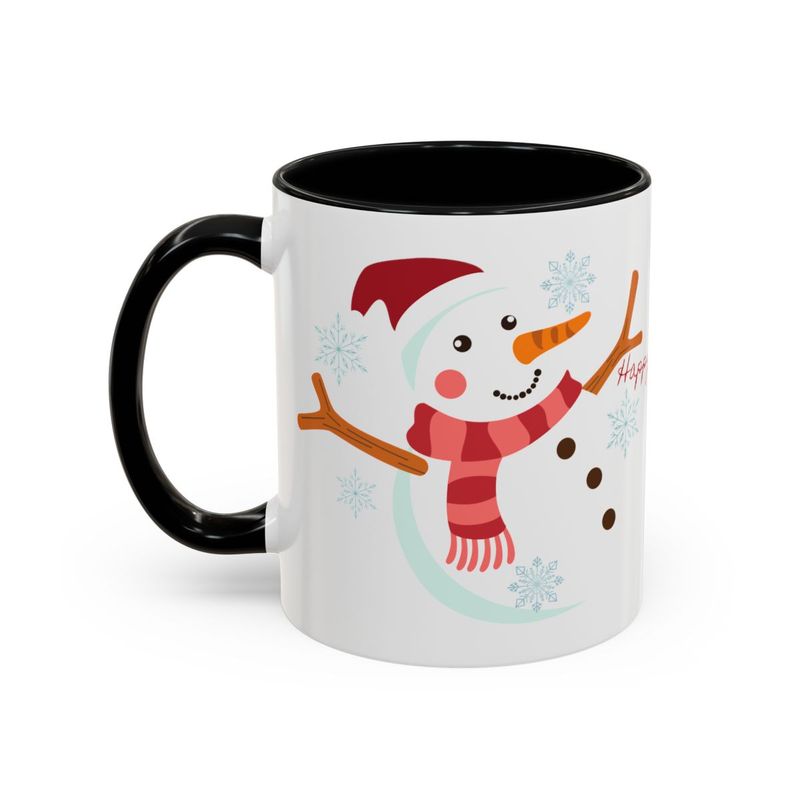Snowman Coffee Mug with Accent(11, 15oz) - Multiple color accents: Pink, Light Blue, Navy, Red and Black . Happy Holidays Message