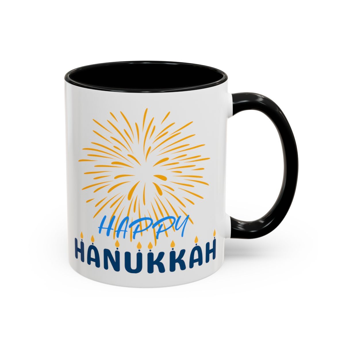 Hanukkah Coffee Mug with Accent(11, 15oz) - Multiple color accents: Pink, Light Blue, Navy, Red and Black . Happy Hanukkah celebrate