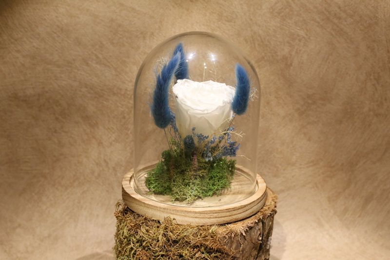 Petite cloche personnalisée avec fleurs séchées bleus + 1 rose éternelle