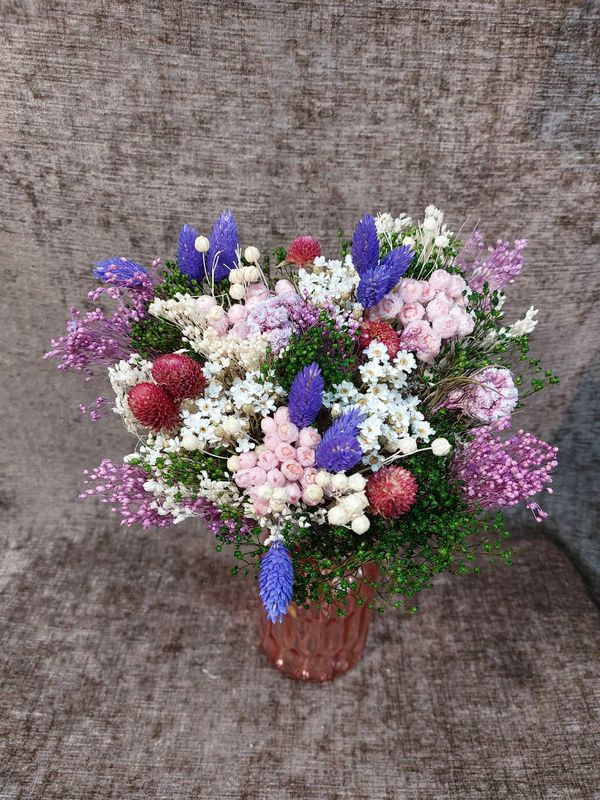 Bouquet de fleurs séchées mauve et rose