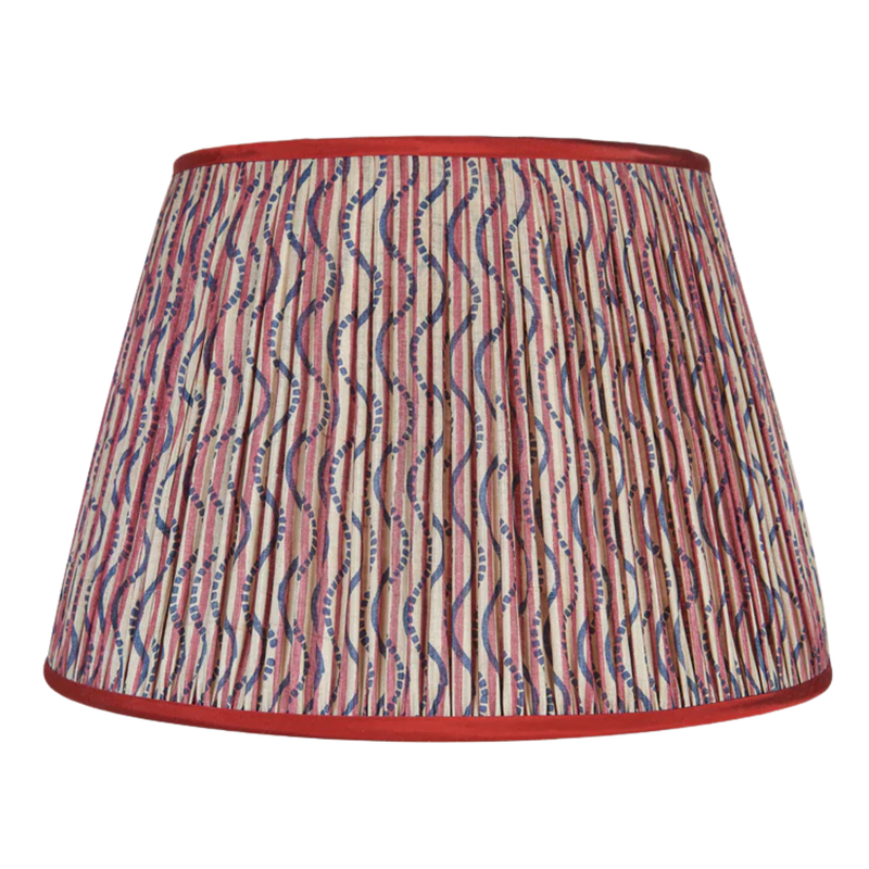 Red Stripe and Blue Squiggle Pleated Lamp Shade with Red Trim