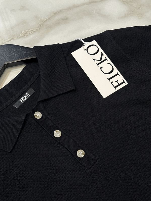 T-shirt Polo in filo ricamata regular fit nera
