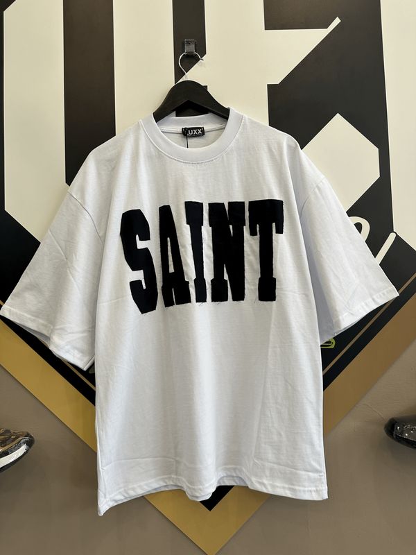 T-shirt oversize Bianca Ricamata &quot;SAINT&quot; con strappi PREMIUM