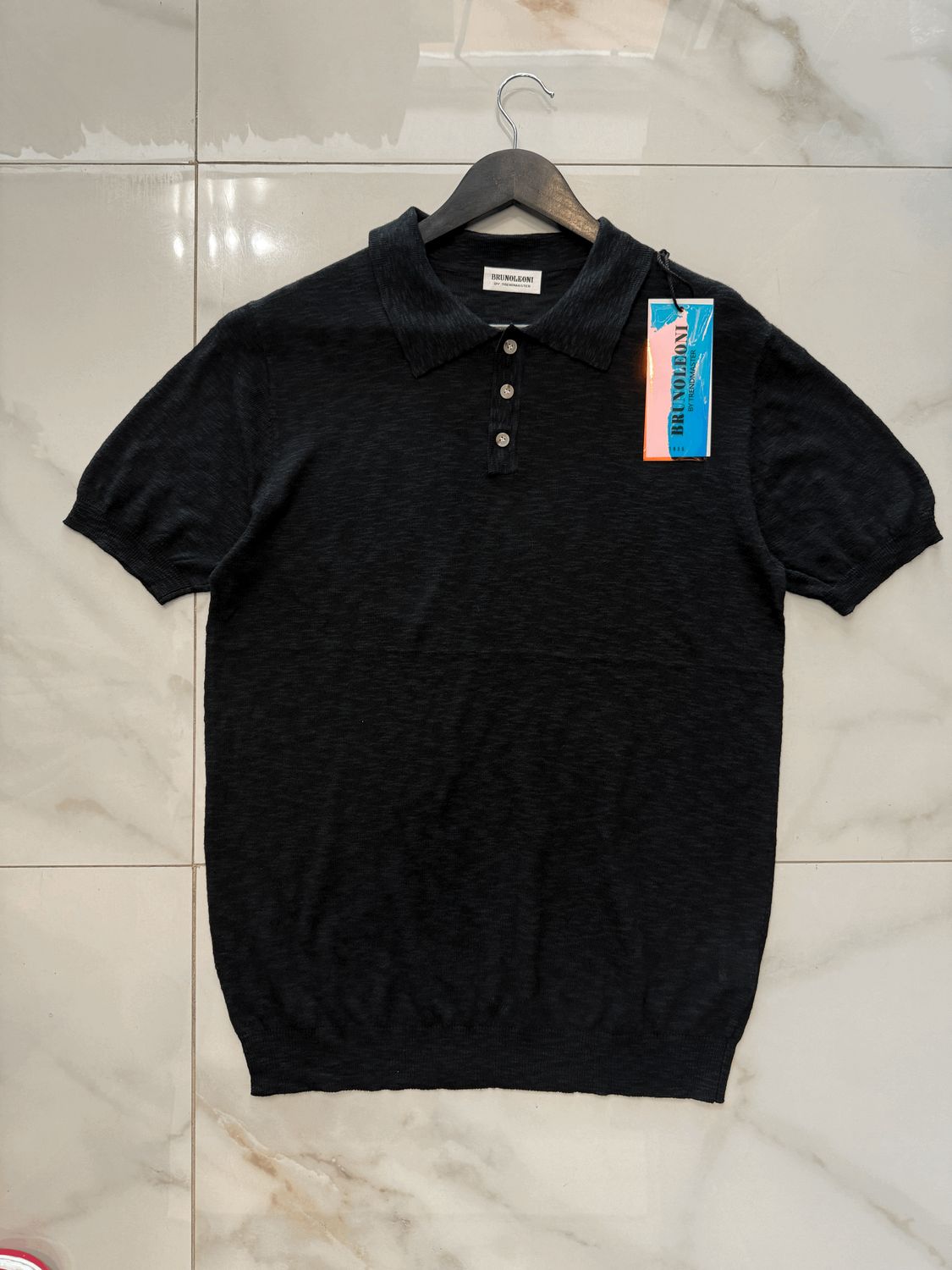 T-shirt Polo in filo ricamata regular fit nera