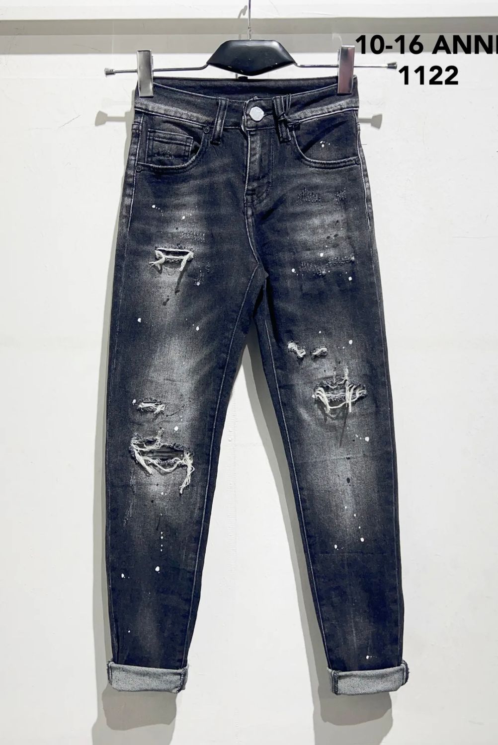 jeans Premium con chiazze di vernice e strappi grigio scuro