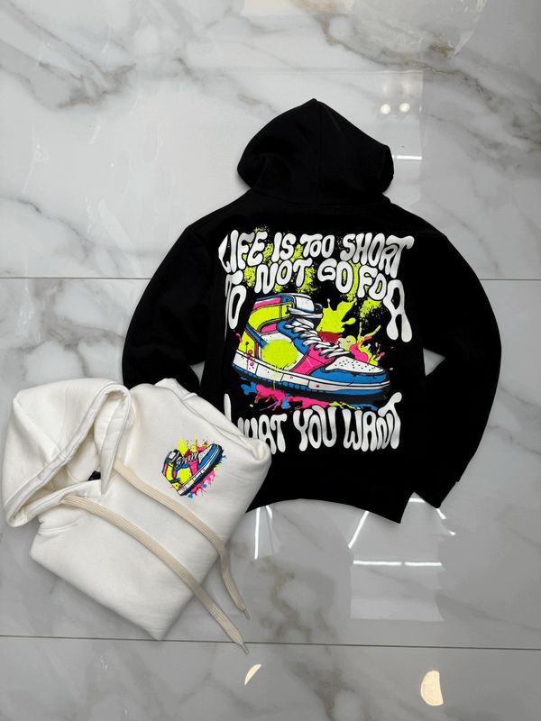 Felpa BAMBINO con cappuccio e stampa fronte retro &quot;Life is too short&quot;