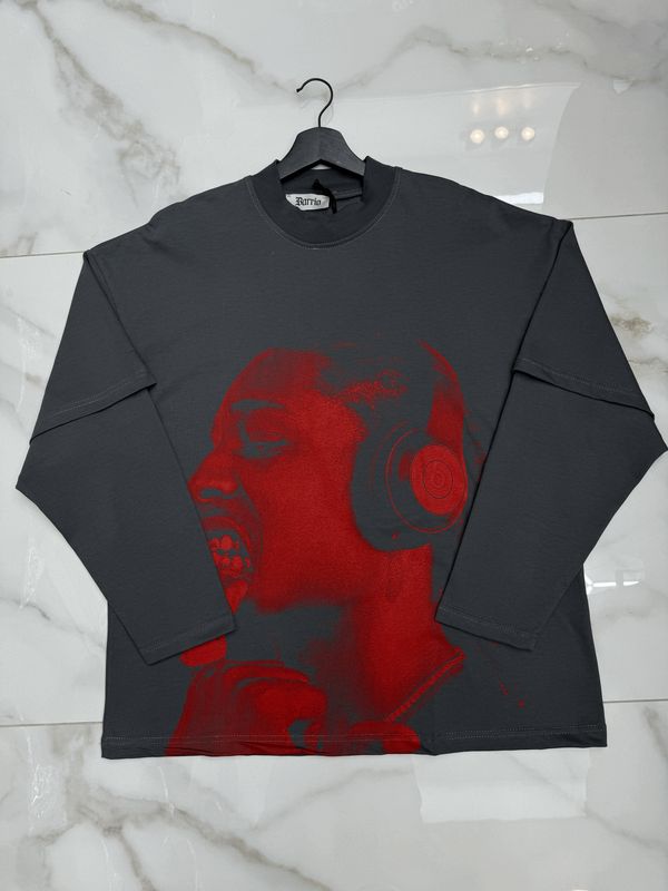 T shirt Longsleeve double 100% Cotone Premium Oversize grigio piombo