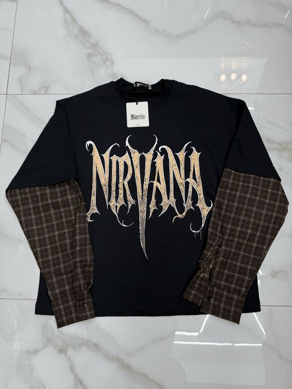 T shirt Longsleeve double 100% Cotone Premium oversize nera marrone