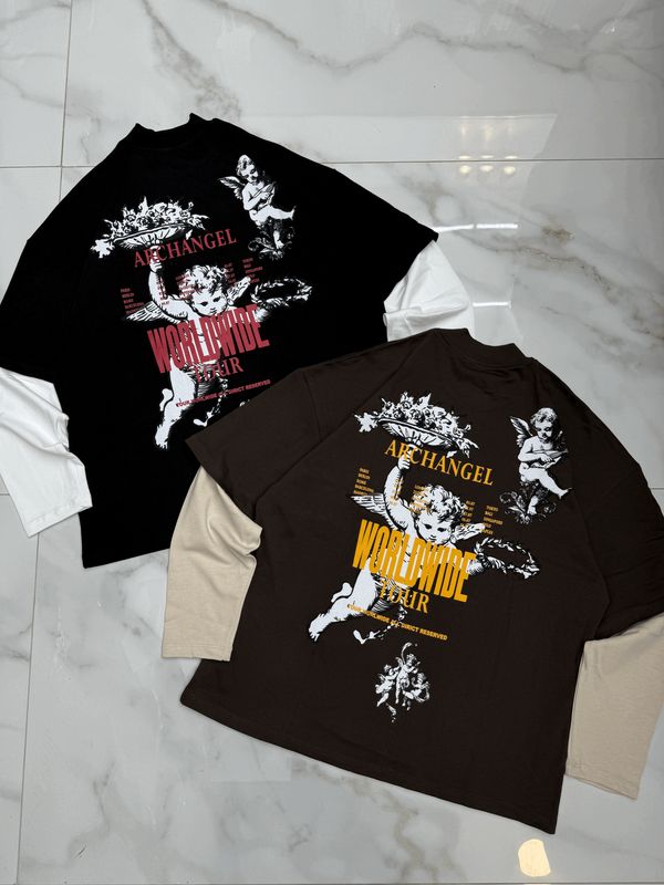 T shirt Longsleeve double 100% Cotone Premium oversize 2 Colori Stampa sul Retro T shirt Longsleeve double 100% Cotone Premium oversize 2 Colori Stampa sul Retro