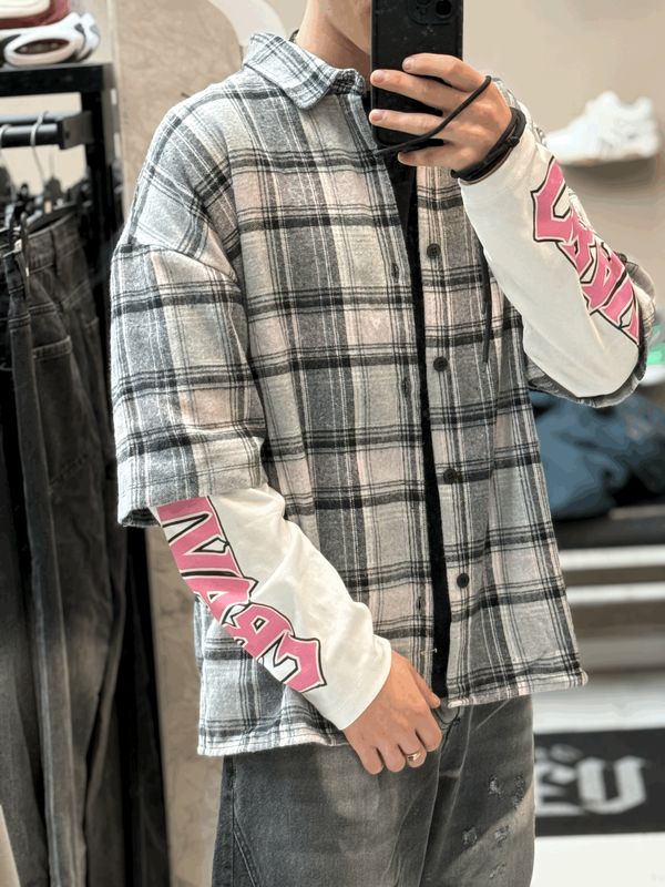 T shirt Longsleeve double 100% Cotone Premium oversize grigio rosa