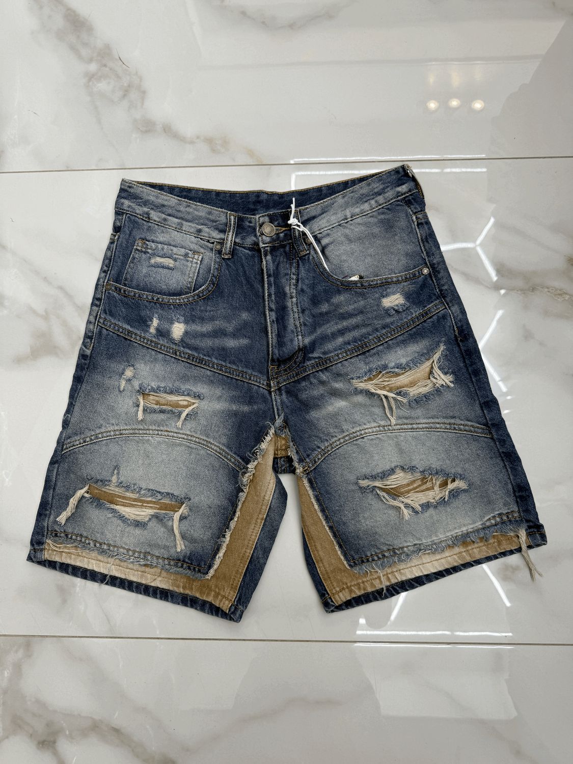 Pantaloncini jeans bermuda distressed Premium blu beige