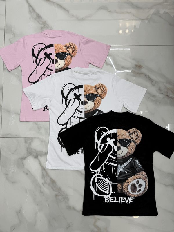 T-shirt oversize con stampa "Believe" BAMBINO 3 colori T-shirt oversize con stampa "Believe" BAMBINO 3 colori