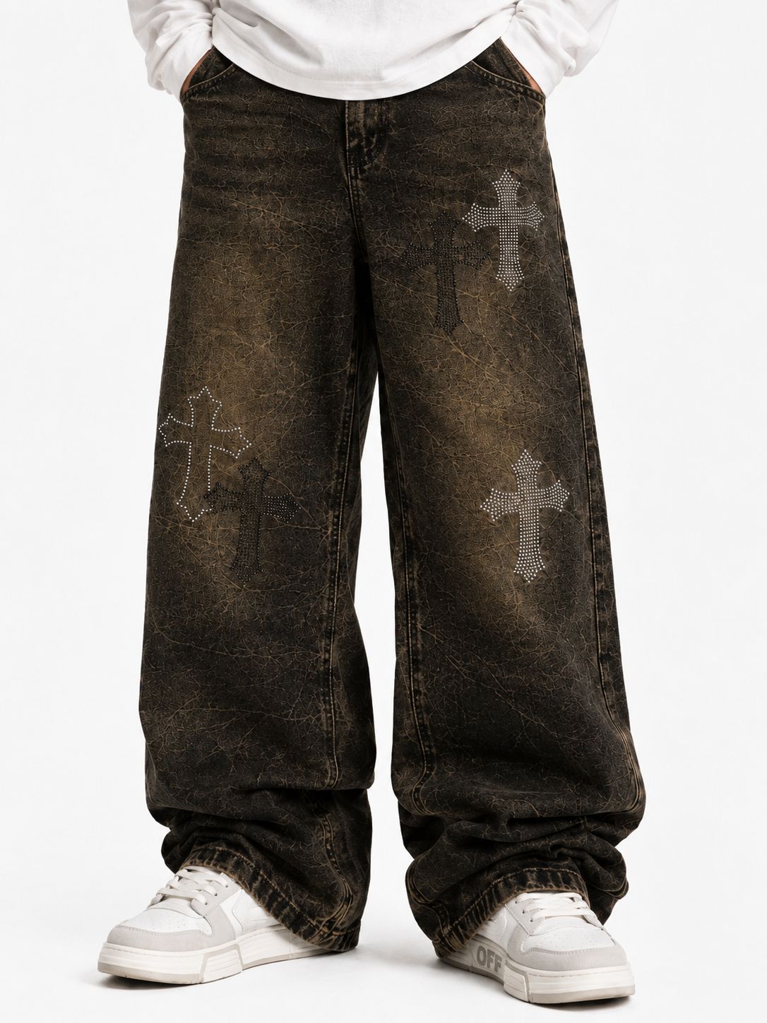 Pantaloni Jeans Balloon Strass croci