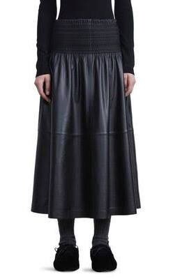 Lafayette 148 New York Smocked Waist Nappa Lambskin Leather Midi Skirt in Black