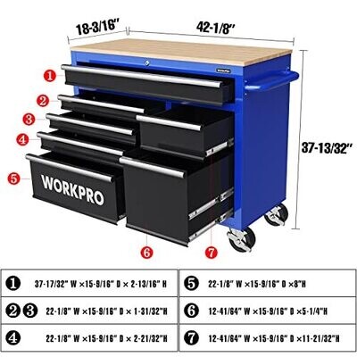 WORKPRO 42-Inch 7-Drawers Rolling Tool Chest, Mobile Tool Storage Cabinet with Wooden Top, Equipped with Casters, Handle, Drawer Liner, and Locking System, 1000 lbs Load Capacity