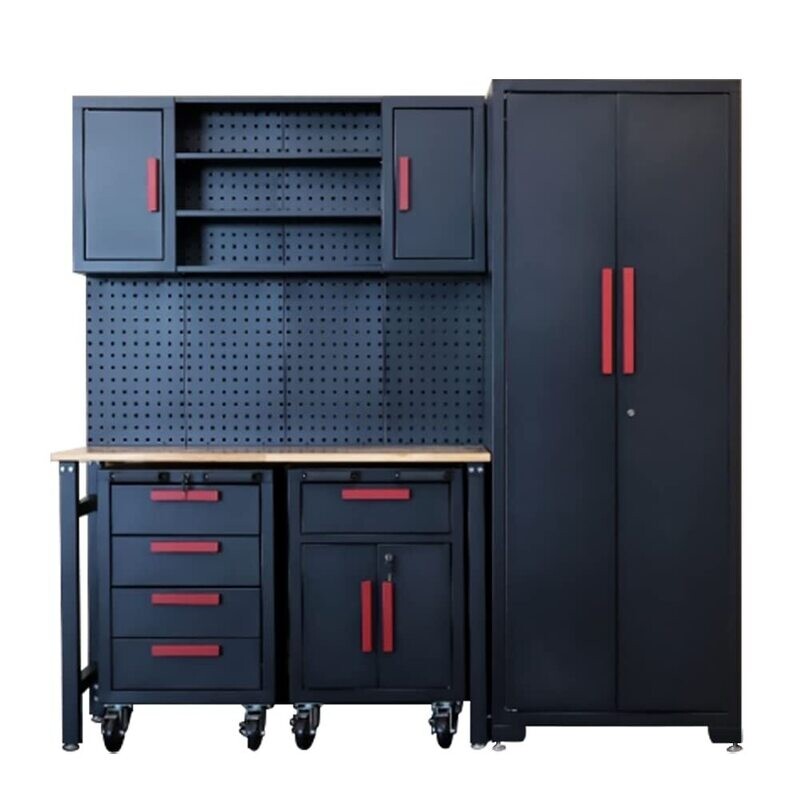 4utoHydra 9-Pcs Workshop Cabinet Set in Black with Workbench - Perfect for Organizing Garage and Tools - Included Steel Cabinets Drawers Shelving Rolling Chest