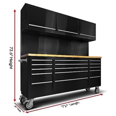 CT Copper Tailor 72-inch Tool Chest Cabinet Mobile Garage Workbench with 15 Storage Drawers and Wheels, 3 Upper Cabinet, Pegboard, Stainless Steel, Matte Black