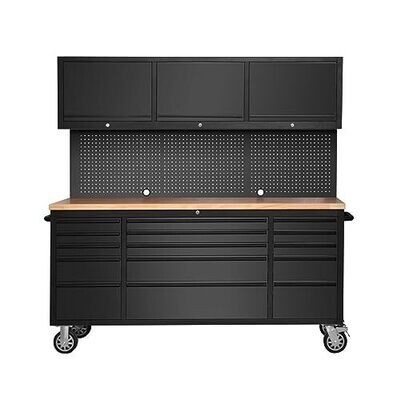 CT Copper Tailor 72-inch Tool Chest Cabinet Mobile Garage Workbench with 15 Storage Drawers and Wheels, 3 Upper Cabinet, Pegboard, Stainless Steel, Matte Black