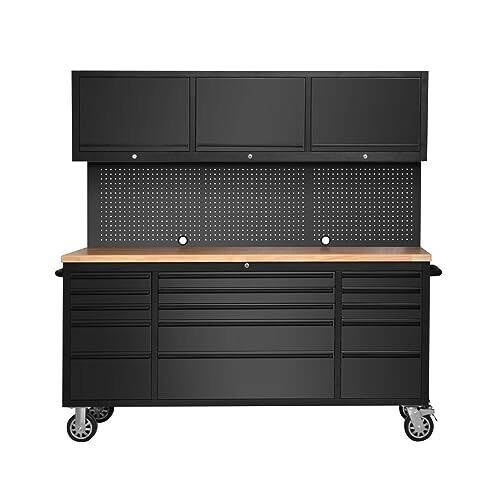 CT Copper Tailor 72-inch Tool Chest Cabinet Mobile Garage Workbench with 15 Storage Drawers and Wheels, 3 Upper Cabinet, Pegboard, Stainless Steel, Matte Black