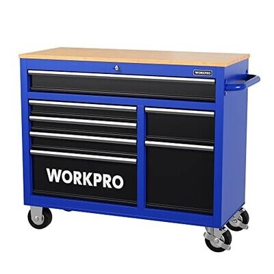 WORKPRO 42-Inch 7-Drawers Rolling Tool Chest, Mobile Tool Storage Cabinet with Wooden Top, Equipped with Casters, Handle, Drawer Liner, and Locking System, 1000 lbs Load Capacity