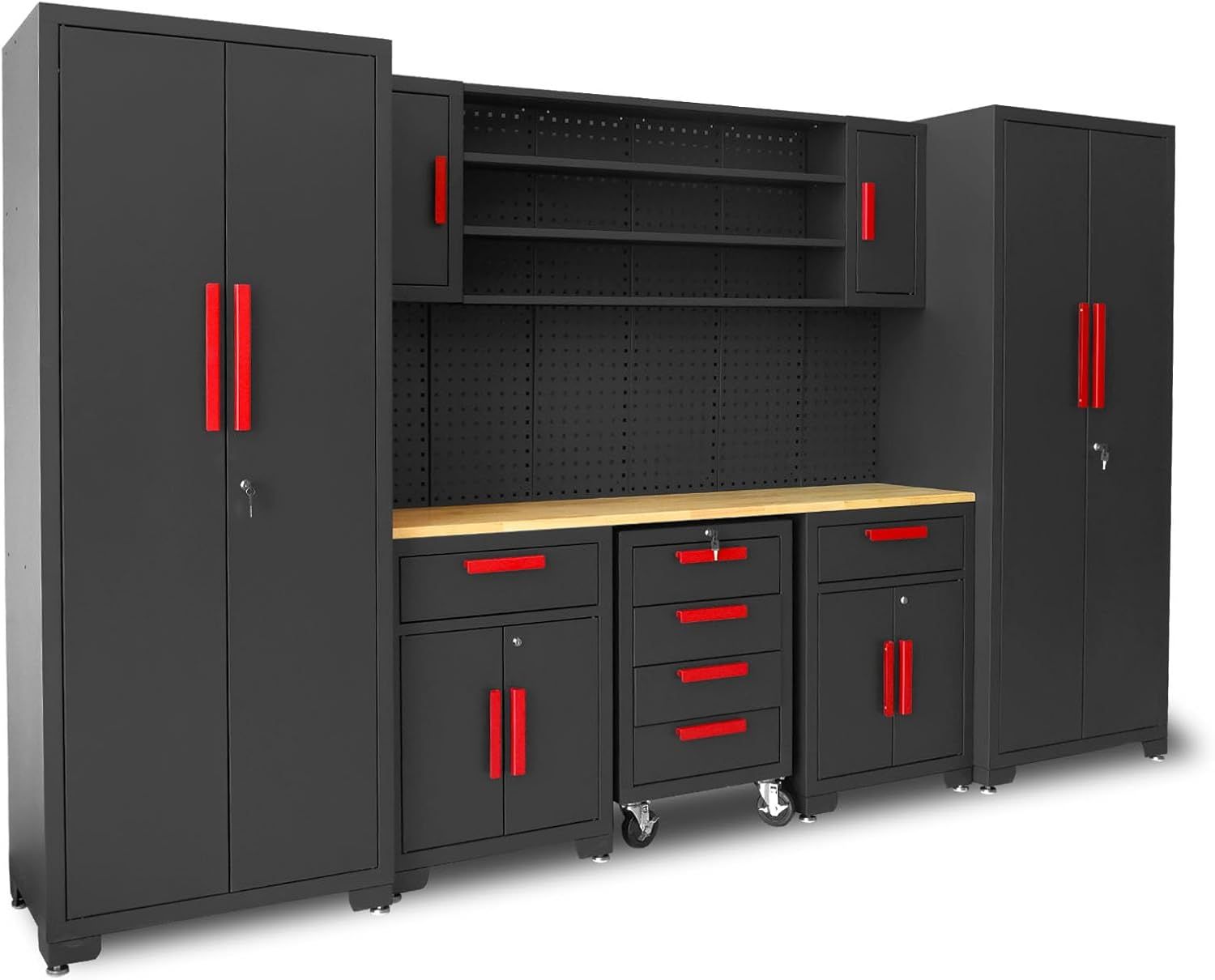 Garage Storage Cabinets System, 8-Pcs Workshop Cabinet Set in Black, Included Steel Cabinets Drawers Rolling Chest and Pegboard