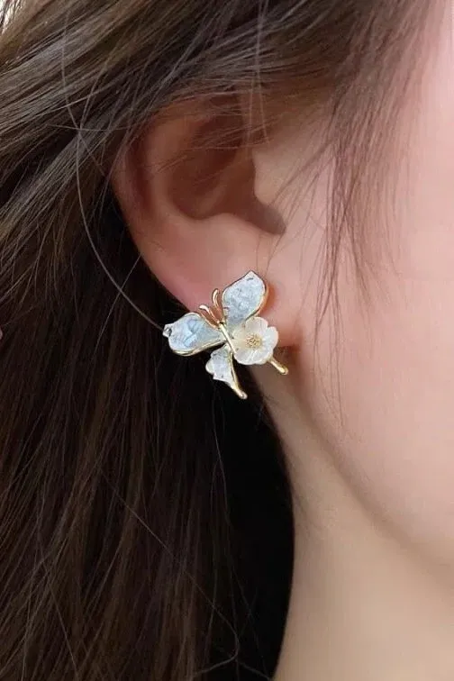 Bespoke Mosaic Butterfly Earring with Gradient Crystal 925 Silver Finish Blue Or Pink Flower Earring By MARMARSO