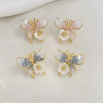 Bespoke Mosaic Butterfly Earring with Gradient Crystal 925 Silver Finish Blue Or Pink Flower Earring By MARMARSO
