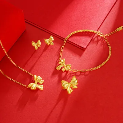 4 Piece Full Bow Jewelry Set - Elegant Gold Plated Necklace, Earrings, Bracelet &amp; Ring - Ideal Gift for Women - Stylish Accessories Kit