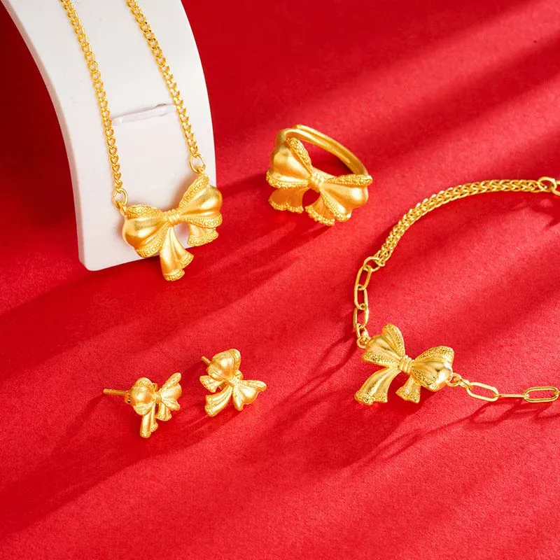 4 Piece Full Bow Jewelry Set - Elegant Gold Plated Necklace, Earrings, Bracelet &amp; Ring - Ideal Gift for Women - Stylish Accessories Kit