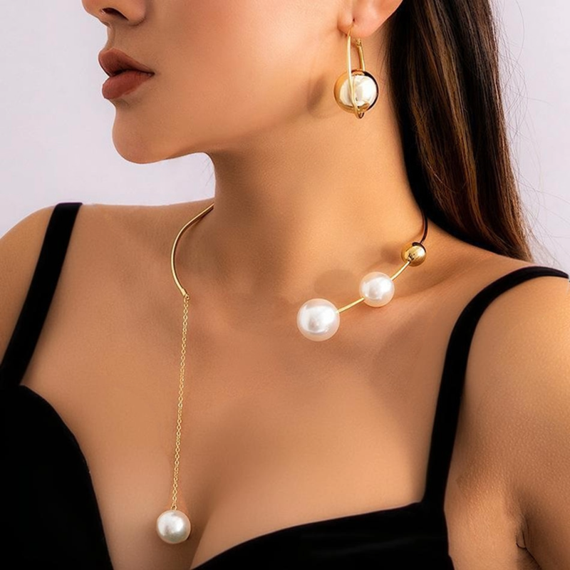 Orbital Pearls Three Piece Gold, Silver Jewelry Set Modern Pearl Hoop Earrings Statement Necklace Collar Enhance Design Elegant Gift for Her