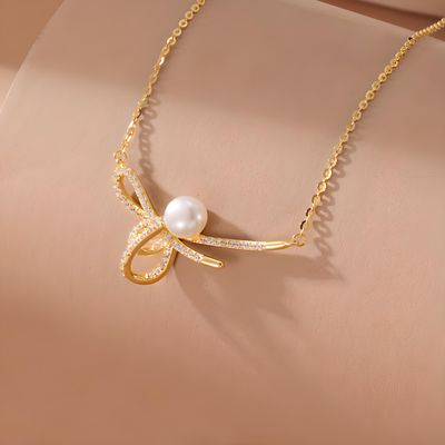 Pearl &amp; Bow Pendant Silver and Gold Plated Bow Pearl Necklace Bespoke 925 Sterling Silver Bow Pearl Necklace Chain Jewelry Gift