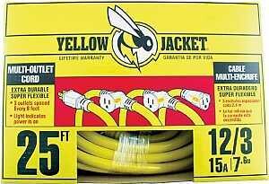 CORD EXT 3OUTLET 12/3X25FT YEL
