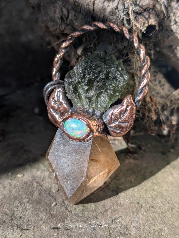 The Dryad's Bloom: A Bespoke Electroformed Talisman of Earthly Wisdom – 8.97g Dolní Chrášťany Broccoli head Moldavite, 1.5ct Welo Opal, Large A-grade Gold Rutilated Quartz, Handmade copper leaves