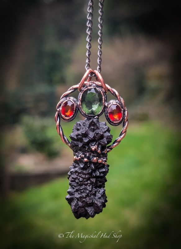 Arcane Trinity: A Pendant of Power and Prophecy – 3.75ct Moldavite, 2.3ct of Gooseberry Garnet, 28g Prophecy Stone – Handmade bespoke electroformed magick